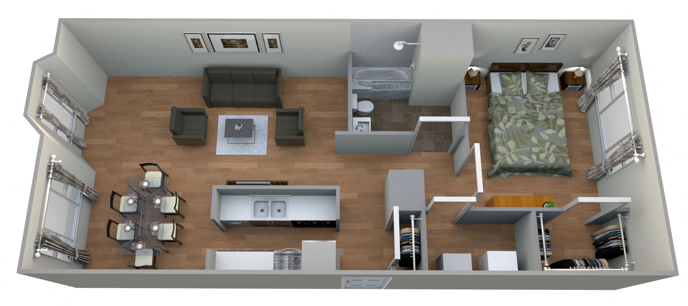 Floor plan for 1 bed, 1 bath, 945 sqft